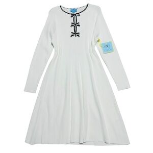 CECE NWT White/Black Bow Ribbed Knit Pocketed A-Line Sweater Dress L